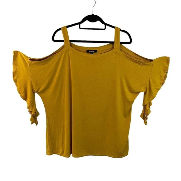 Ups & Downs Yellow Blouse Plus Size 2X Cold Shoulder Short Sleeves Jersey Knit - Picture 1 of 4